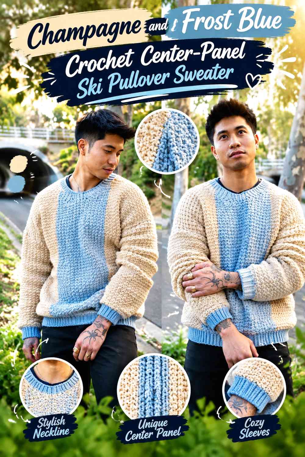 Champagne and Frost Blue Crochet Center-Panel Ski Pullover Sweater