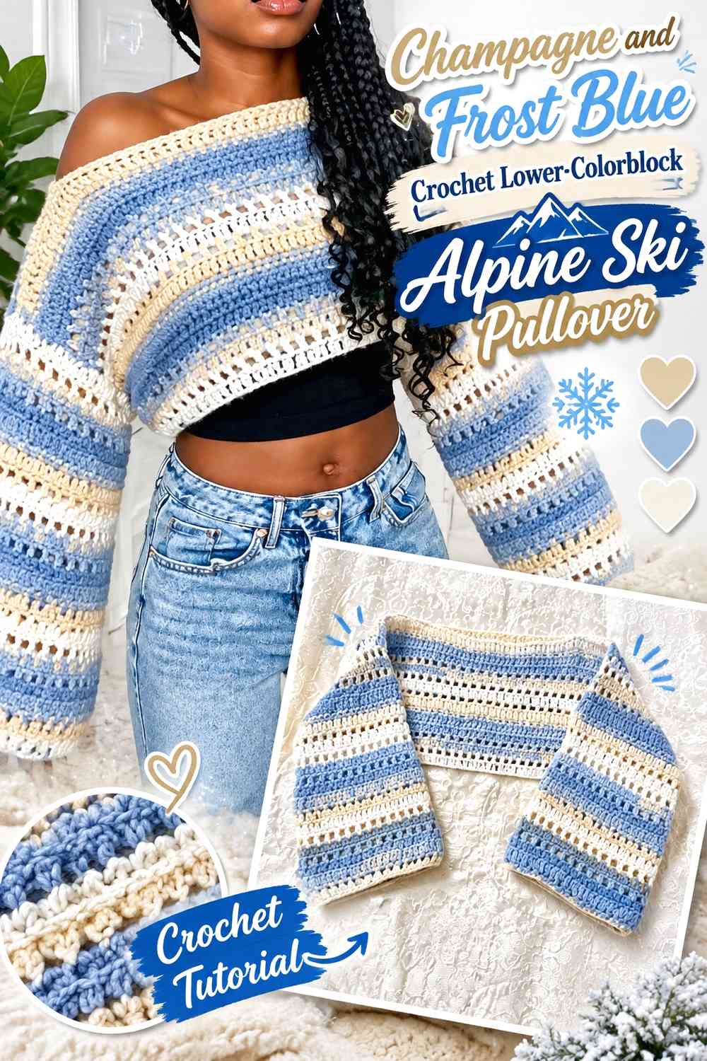 Champagne and Frost Blue Crochet Lower-Colorblock Alpine Ski Pullover