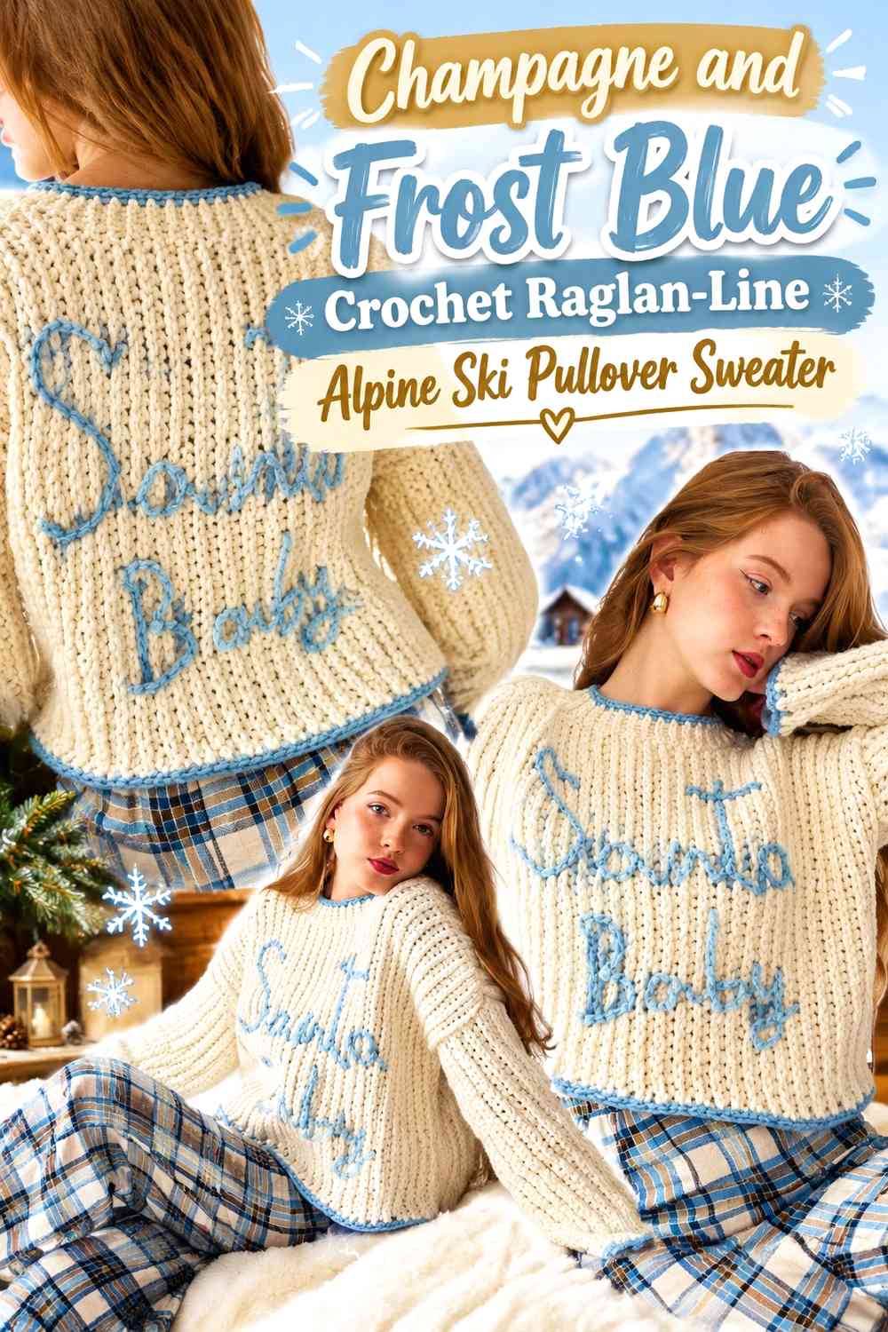 Champagne and Frost Blue Crochet Raglan-Line Alpine Ski Pullover Sweater