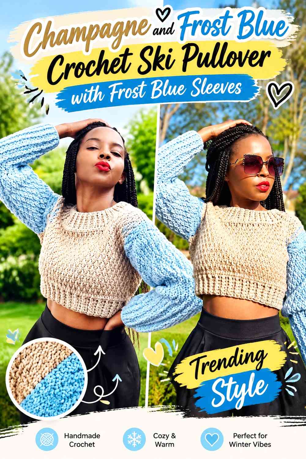 Champagne and Frost Blue Crochet Ski Pullover with Frost Blue Sleeves