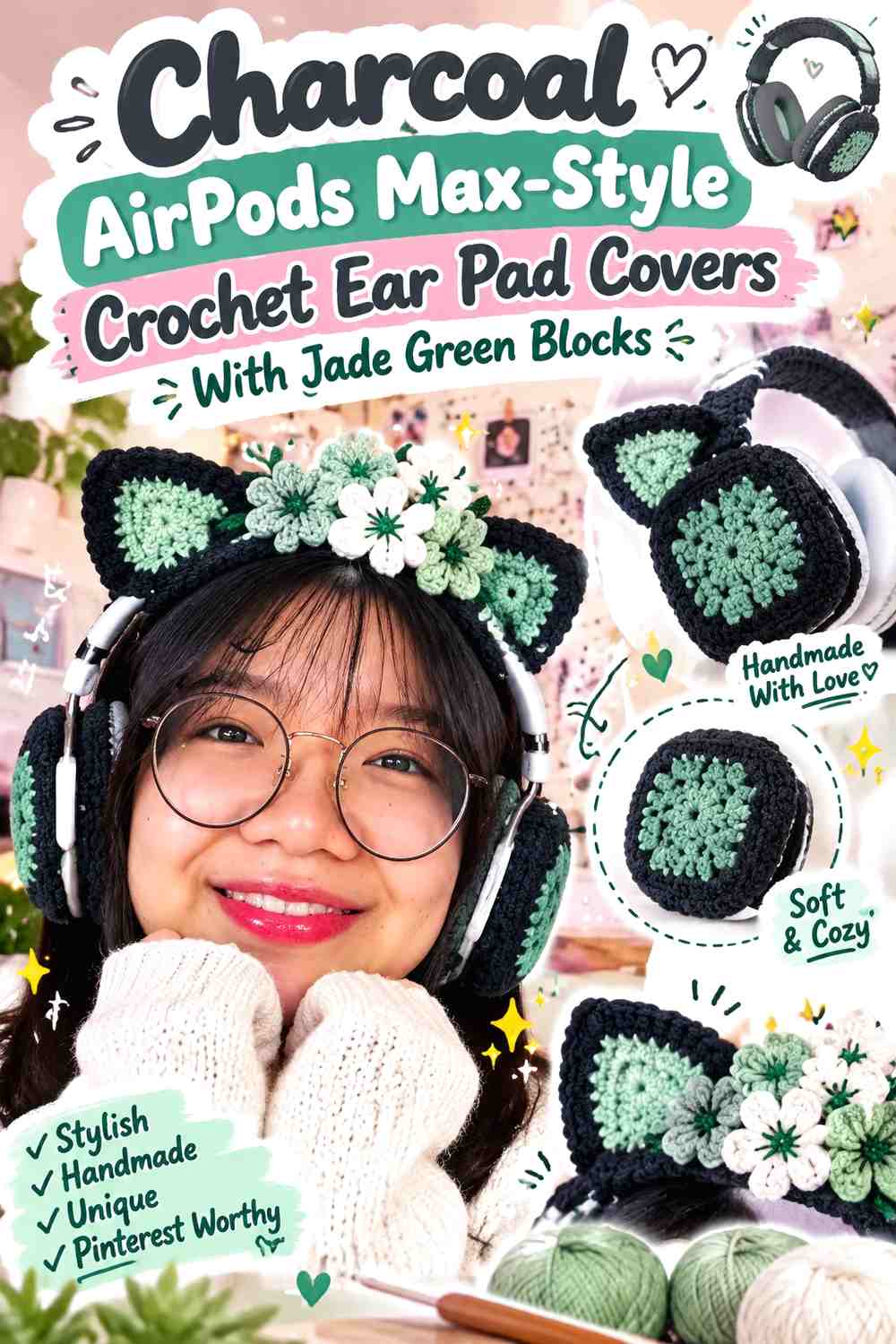 Charcoal AirPods Max-Style Crochet Ear Pad Covers With Jade Green Blocks