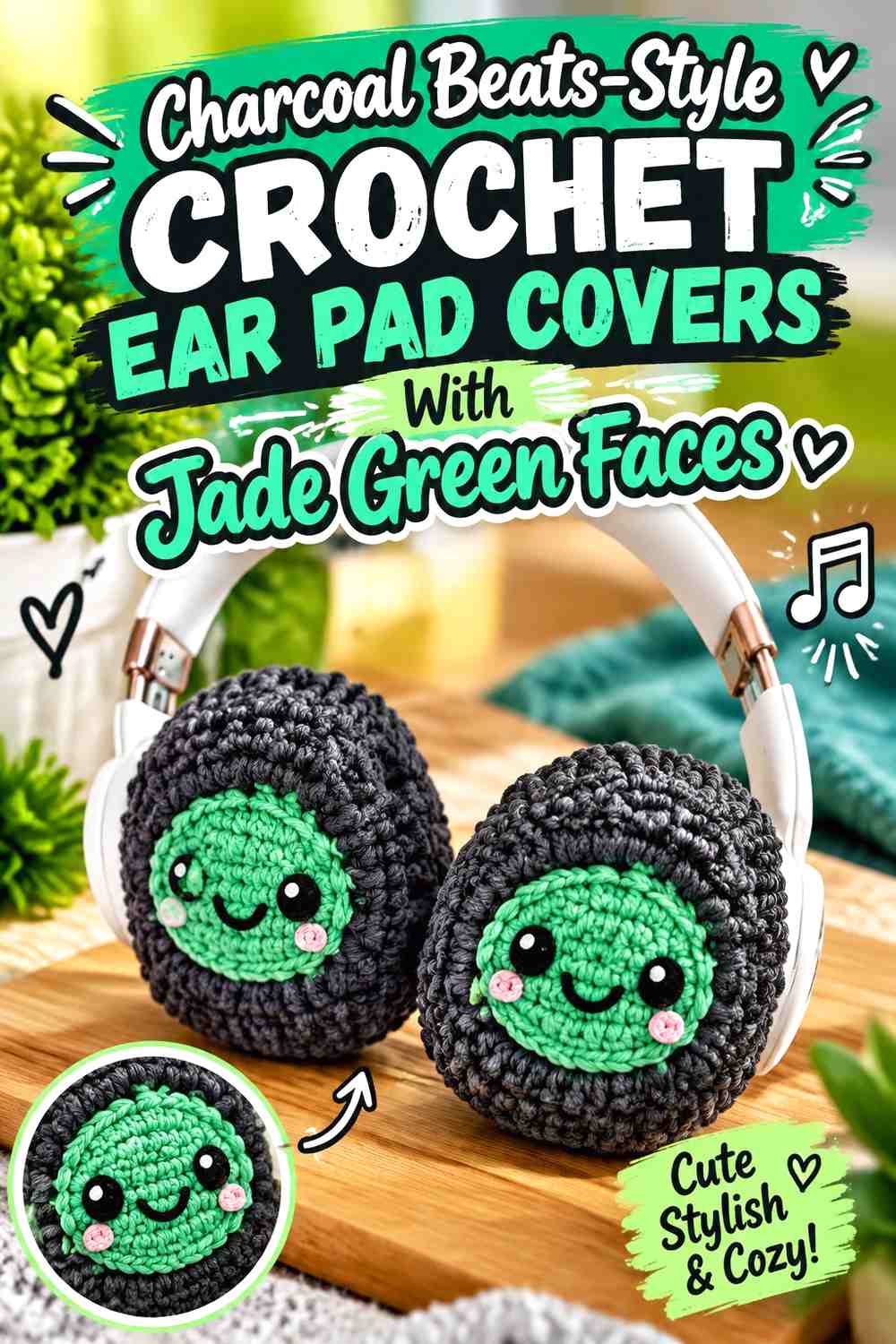 Charcoal Beats-Style Crochet Ear Pad Covers With Jade Green Faces