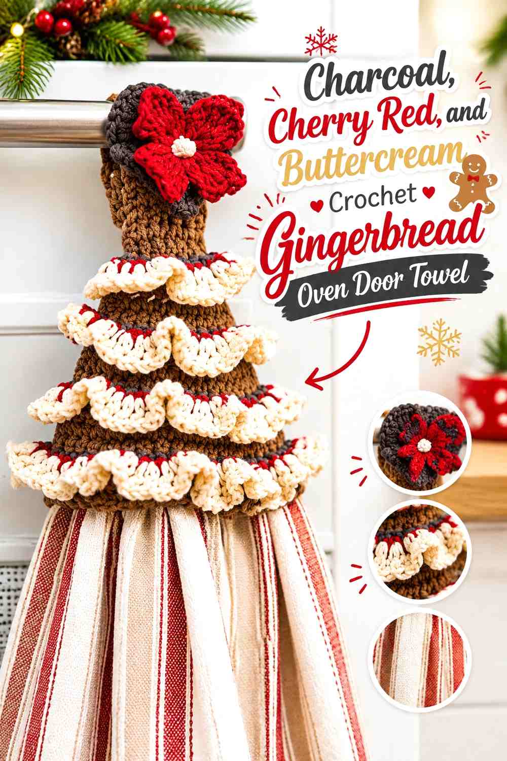 Charcoal, Cherry Red, and Buttercream Crochet Gingerbread Oven Door Towel