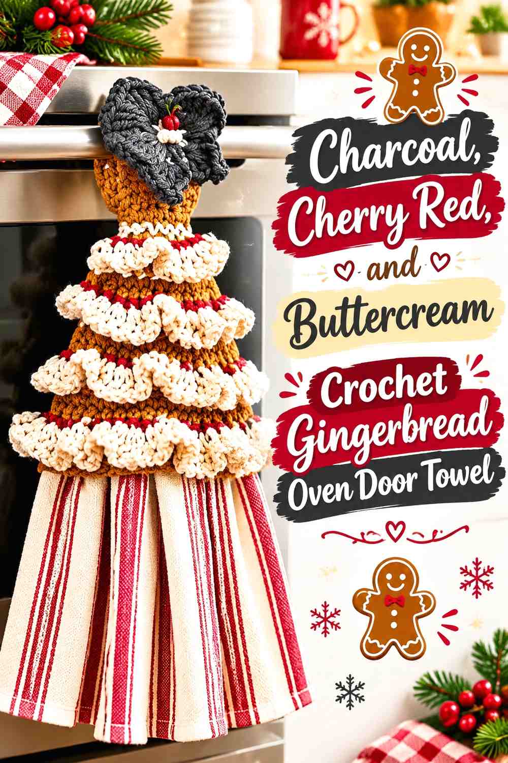 Charcoal, Cherry Red, and Buttercream Crochet Gingerbread Oven Door Towel