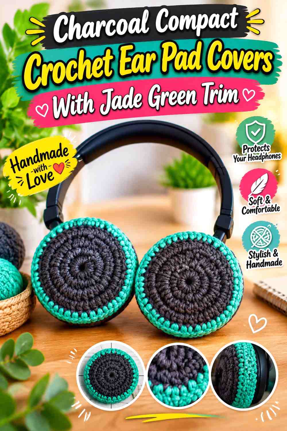 Charcoal Compact Crochet Ear Pad Covers With Jade Green Trim