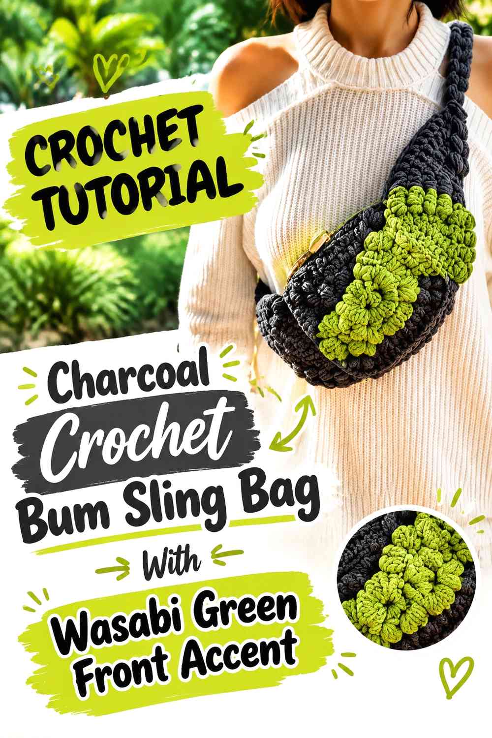Charcoal Crochet Bum Sling Bag With Wasabi Green Front Accent