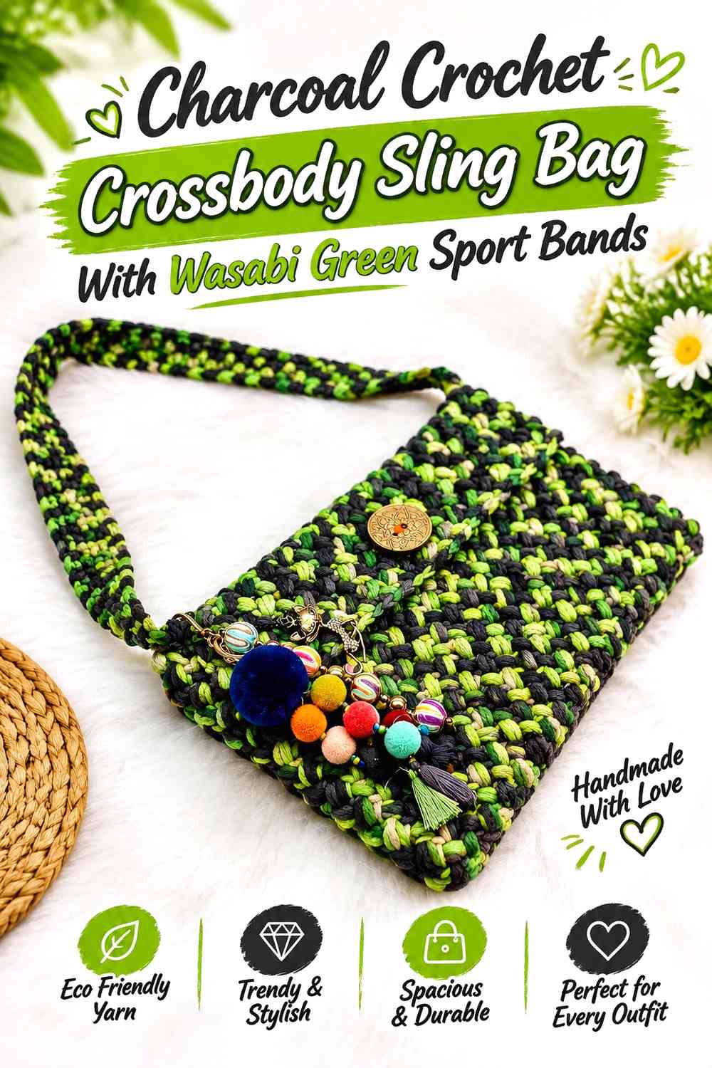 Charcoal Crochet Crossbody Sling Bag With Wasabi Green Sport Bands