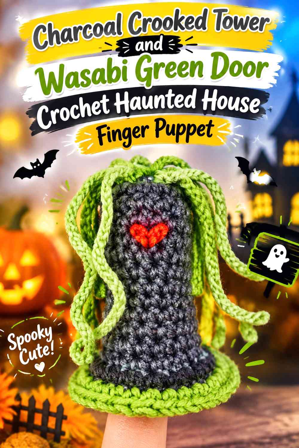 Charcoal Crooked Tower and Wasabi Green Door Crochet Haunted House Finger Puppet