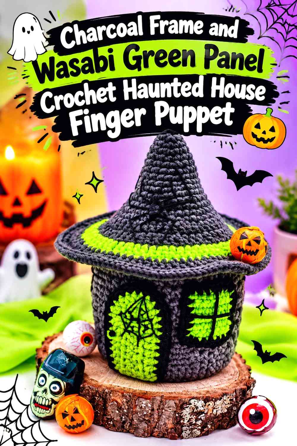Charcoal Frame and Wasabi Green Panel Crochet Haunted House Finger Puppet
