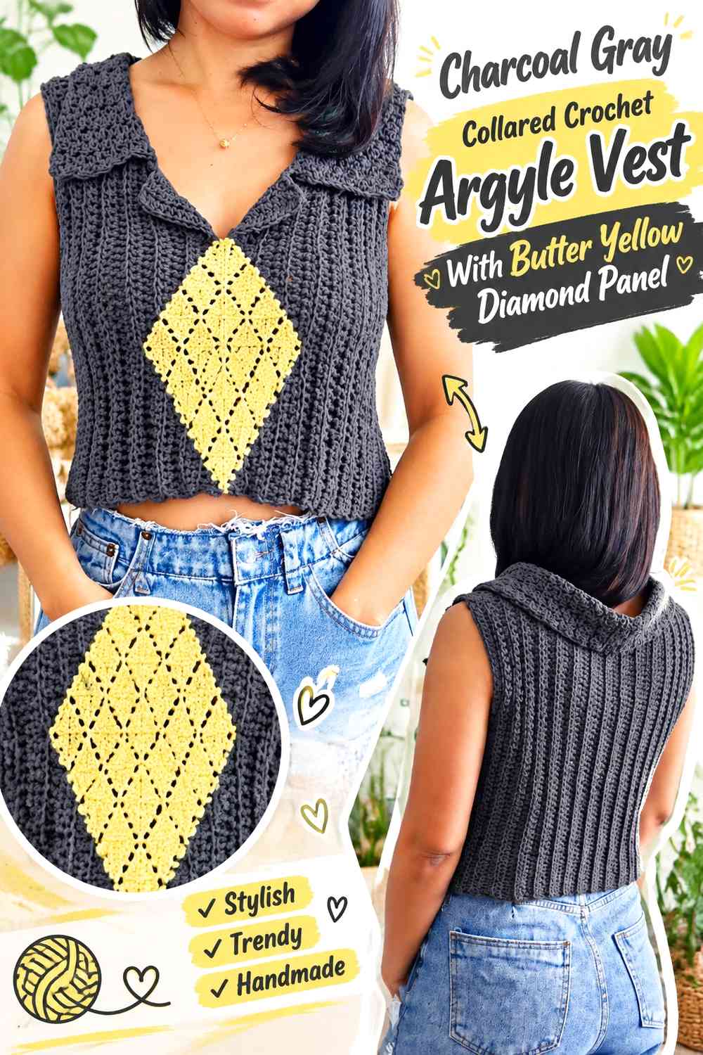 Charcoal Gray Collared Crochet Argyle Vest With Butter Yellow Diamond Panel