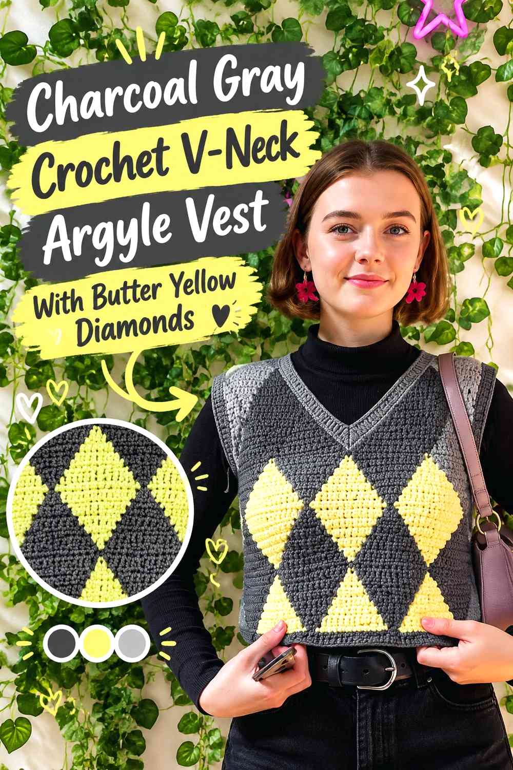 Charcoal Gray Crochet V-Neck Argyle Vest With Butter Yellow Diamonds