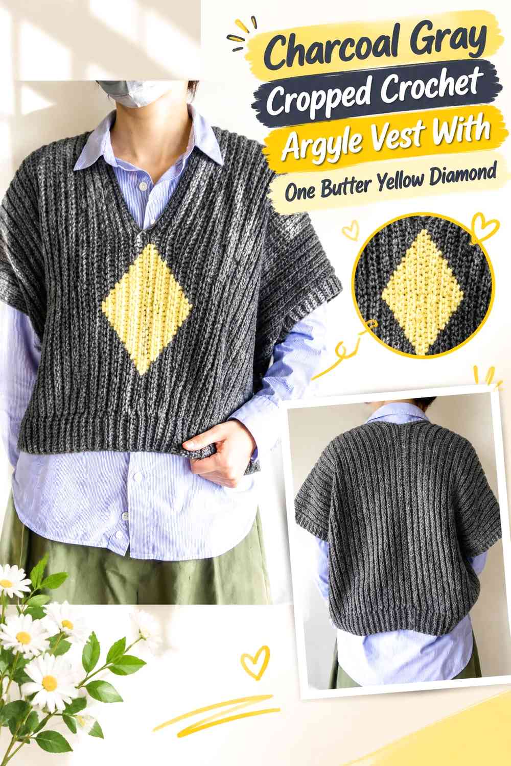 Charcoal Gray Cropped Crochet Argyle Vest With One Butter Yellow Diamond