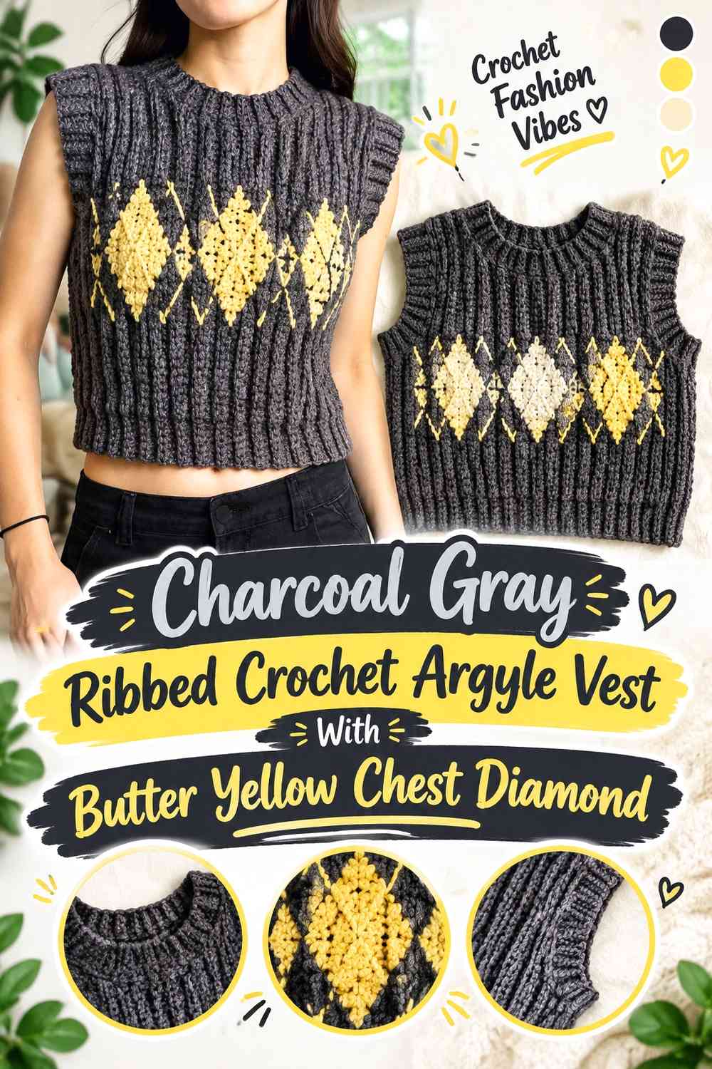 Charcoal Gray Ribbed Crochet Argyle Vest With Butter Yellow Chest Diamond