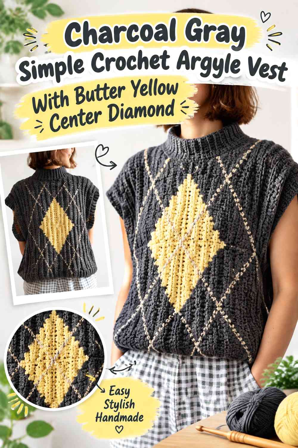 Charcoal Gray Simple Crochet Argyle Vest With Butter Yellow Center Diamond