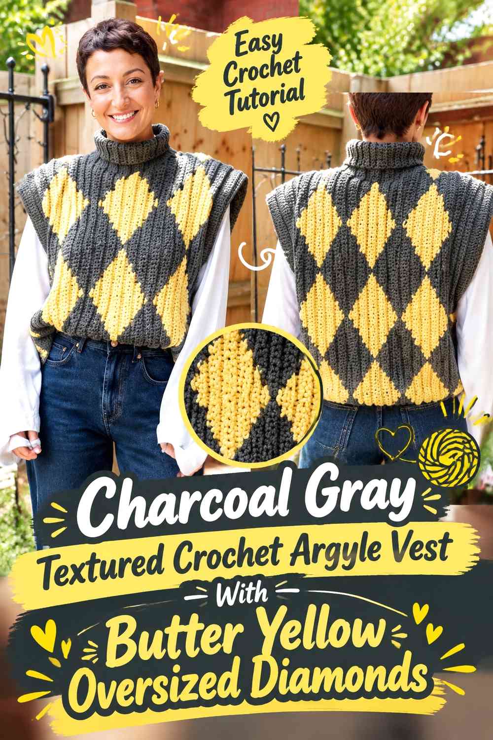 Charcoal Gray Textured Crochet Argyle Vest With Butter Yellow Oversized Diamonds