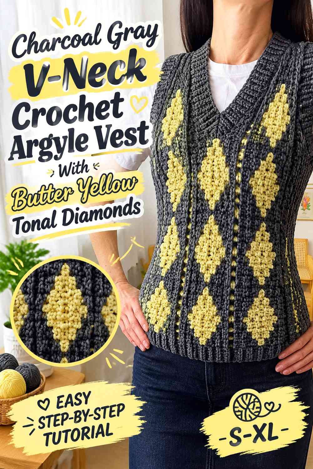 Charcoal Gray V-Neck Crochet Argyle Vest With Butter Yellow Tonal Diamonds