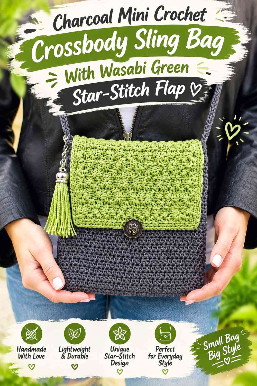Charcoal Mini Crochet Crossbody Sling Bag With Wasabi Green Star-Stitch Flap