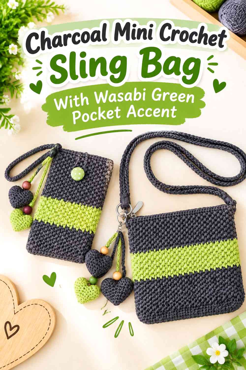 Charcoal Mini Crochet Sling Bag With Wasabi Green Pocket Accent