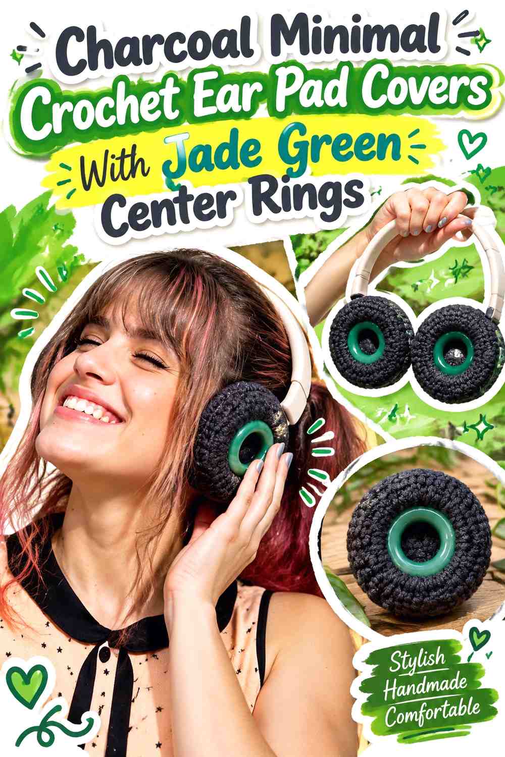 Charcoal Minimal Crochet Ear Pad Covers With Jade Green Center Rings