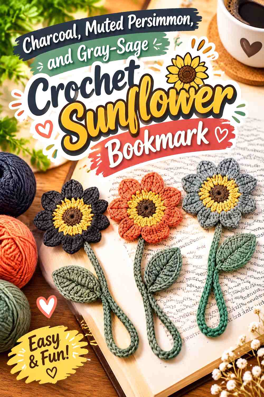 Charcoal, Muted Persimmon, and Gray-Sage Crochet Sunflower Bookmark