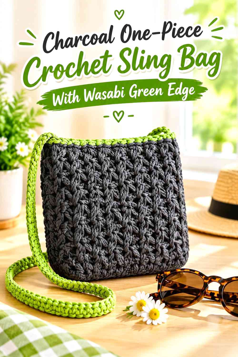 Charcoal One-Piece Crochet Sling Bag With Wasabi Green Edge
