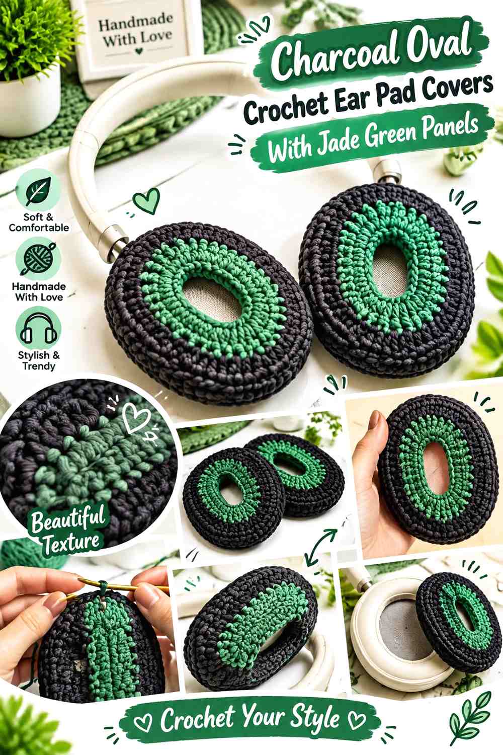 Charcoal Oval Crochet Ear Pad Covers With Jade Green Panels