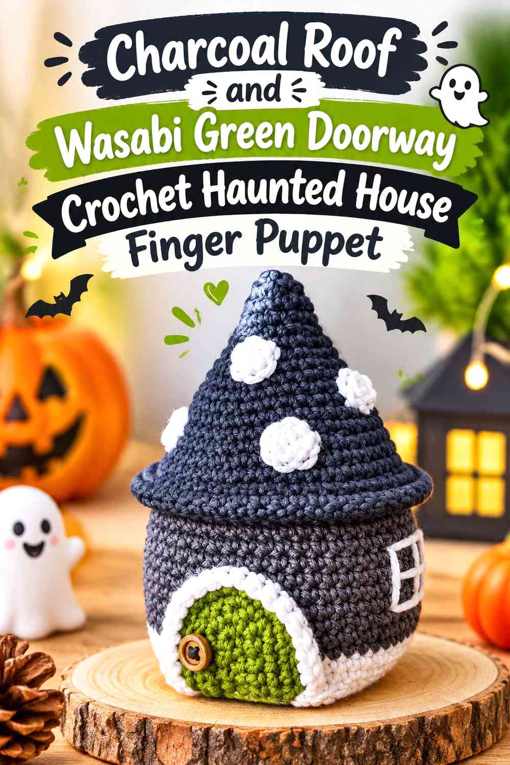 Charcoal Roof and Wasabi Green Doorway Crochet Haunted House Finger Puppet
