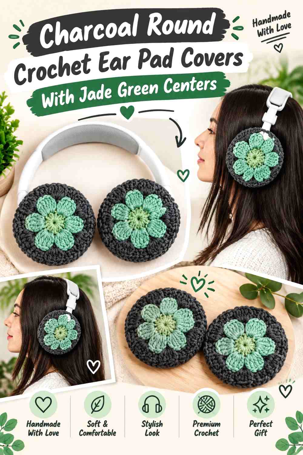 Charcoal Round Crochet Ear Pad Covers With Jade Green Centers