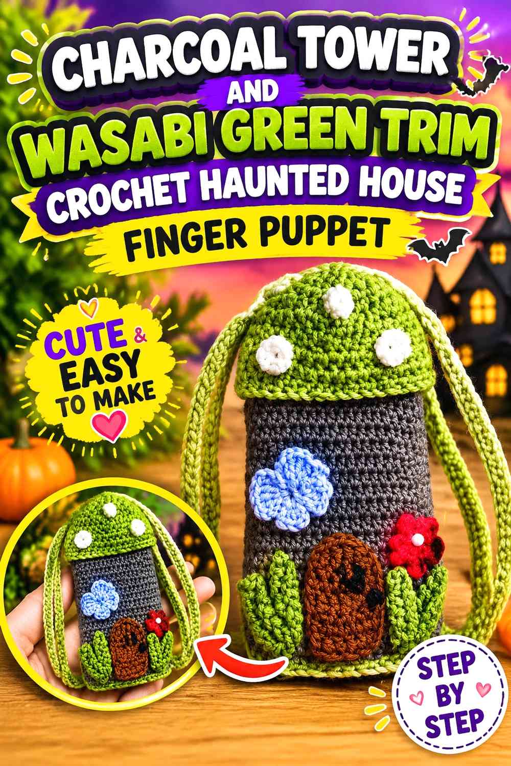 Charcoal Tower and Wasabi Green Trim Crochet Haunted House Finger Puppet