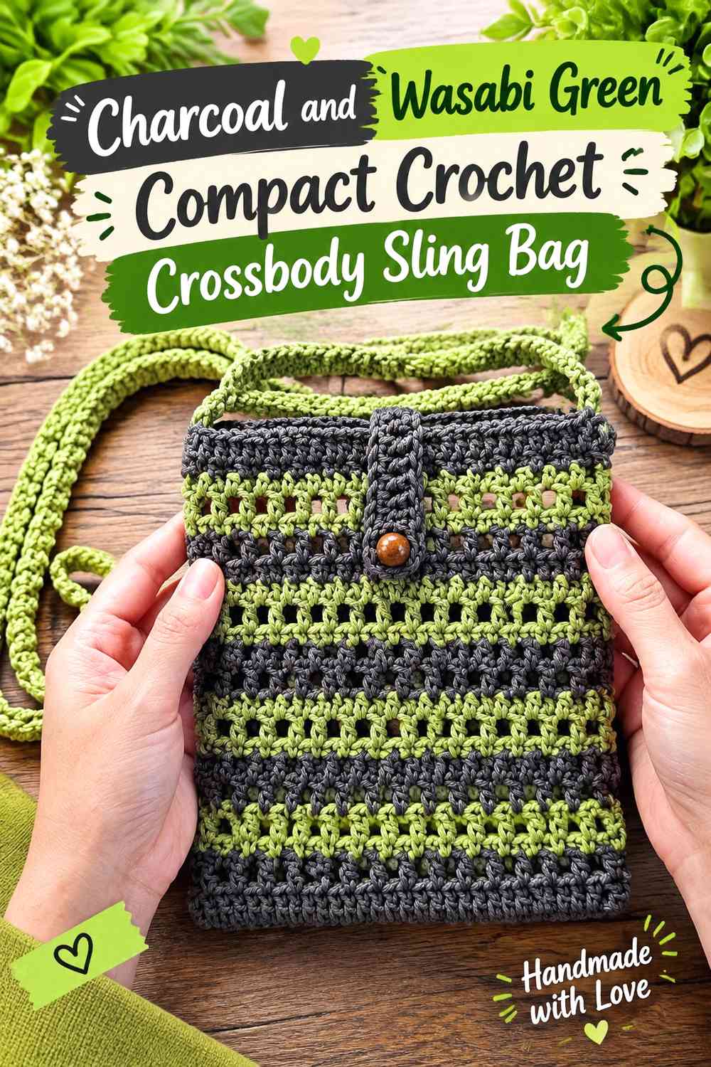 Charcoal and Wasabi Green Compact Crochet Crossbody Sling Bag