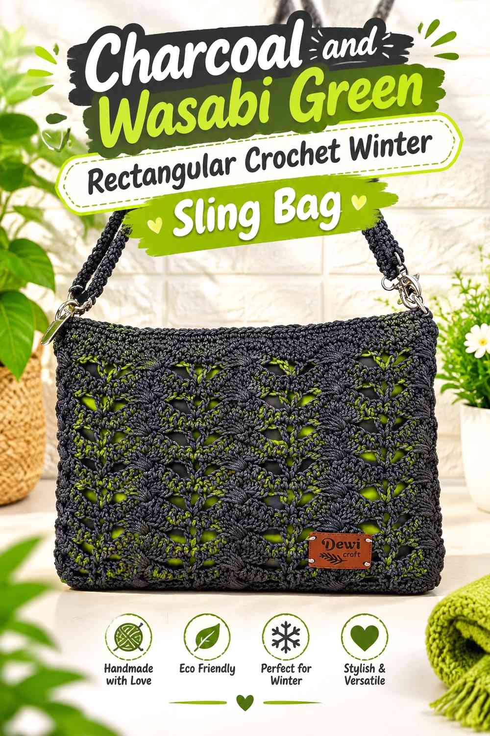 Charcoal and Wasabi Green Rectangular Crochet Winter Sling Bag