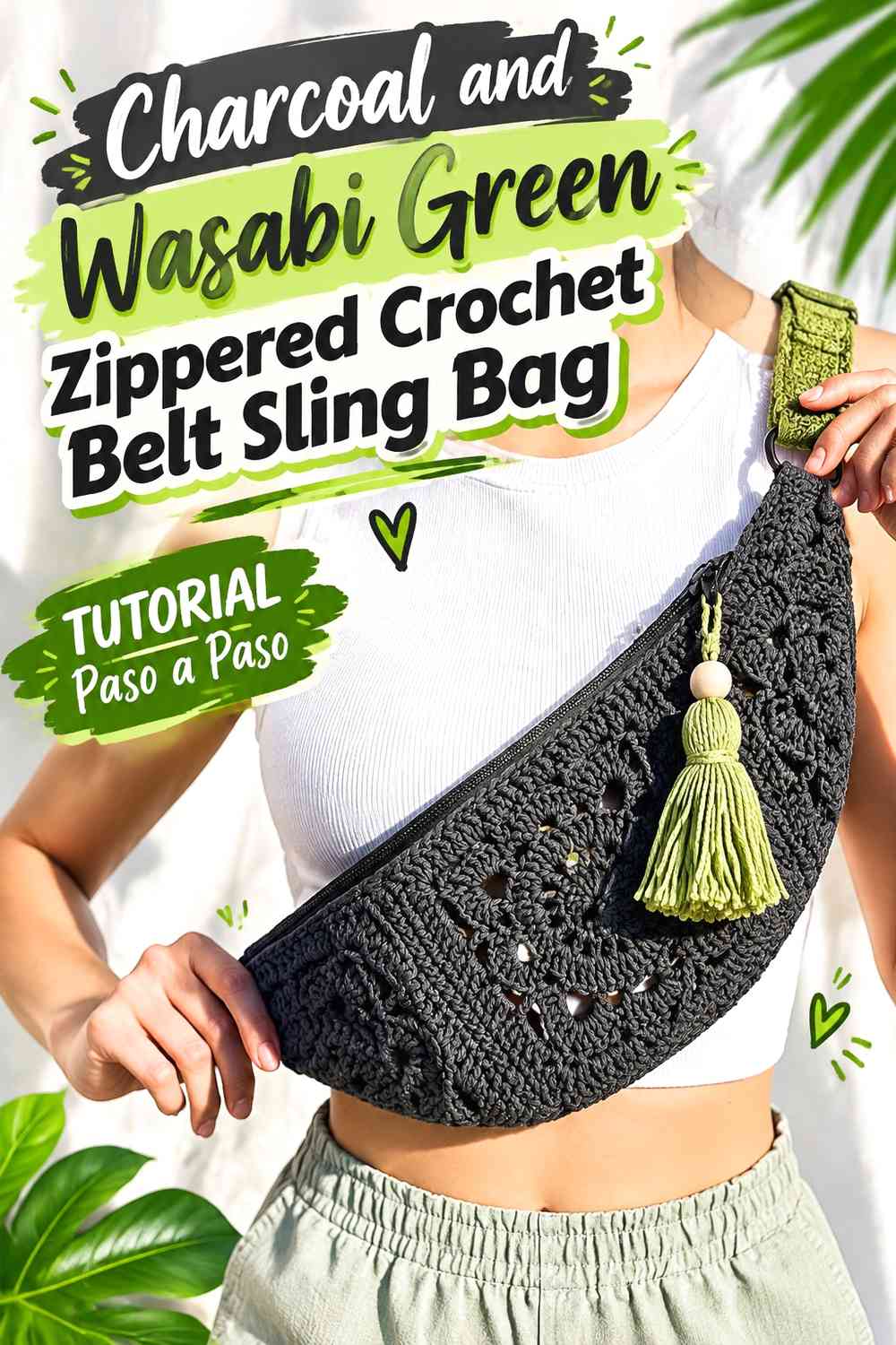 Charcoal and Wasabi Green Zippered Crochet Belt Sling Bag