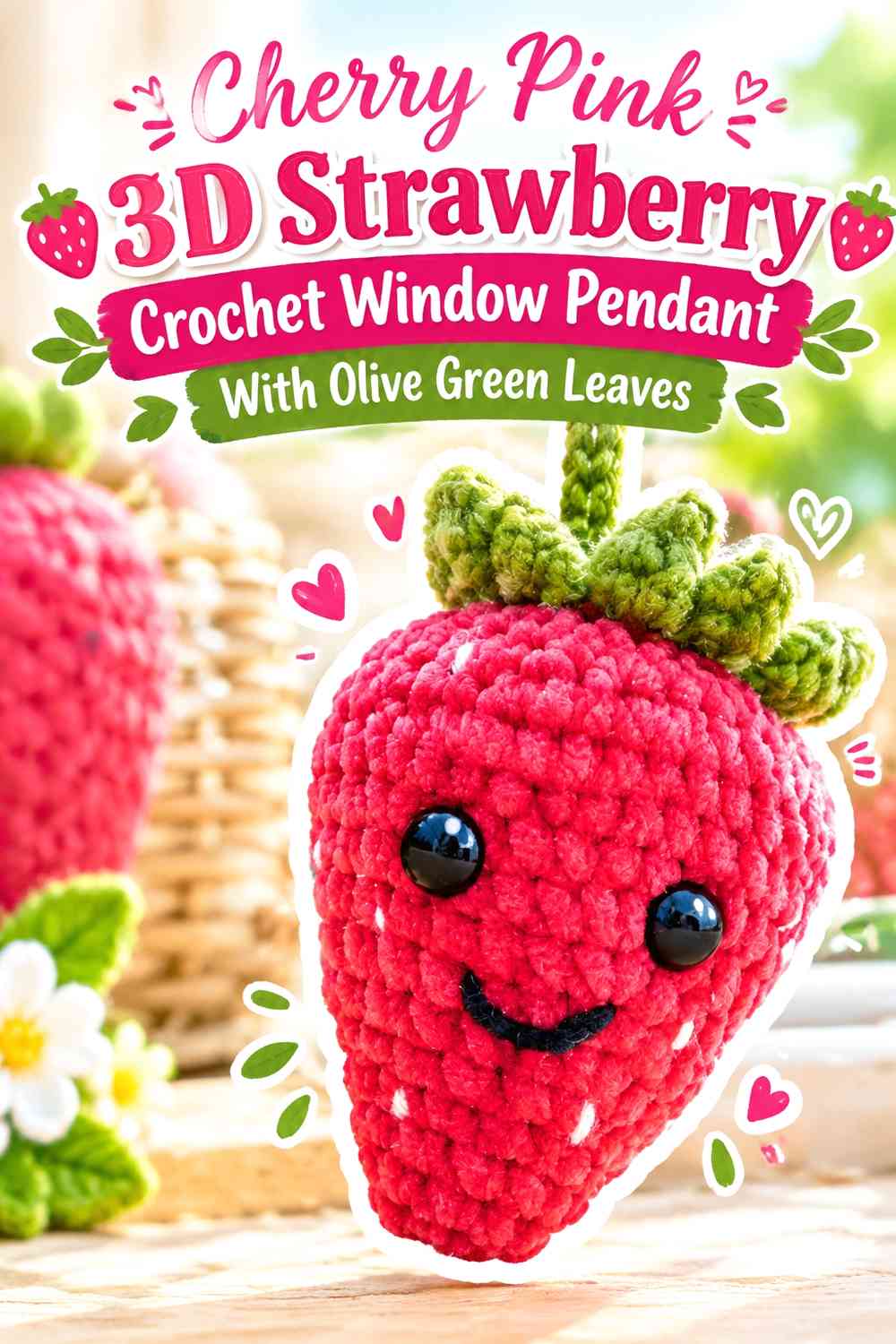 Cherry Pink 3D Strawberry Crochet Window Pendant With Olive Green Leaves