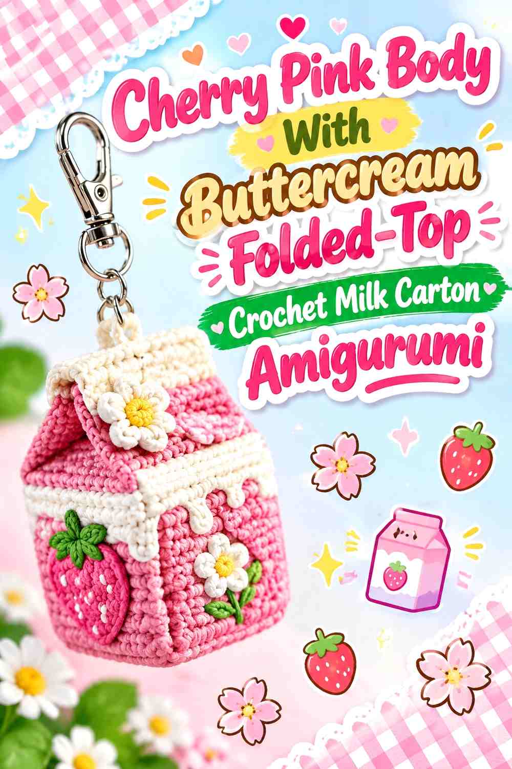 Cherry Pink Body With Buttercream Folded-Top Crochet Milk Carton Amigurumi