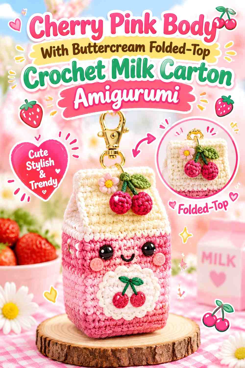 Cherry Pink Body With Buttercream Folded-Top Crochet Milk Carton Amigurumi