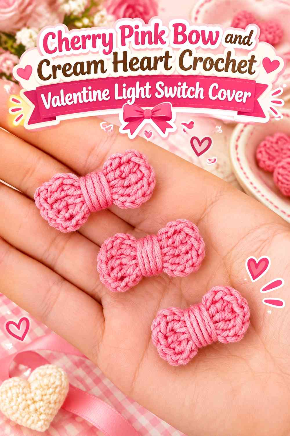 Cherry Pink Bow and Cream Heart Crochet Valentine Light Switch Cover