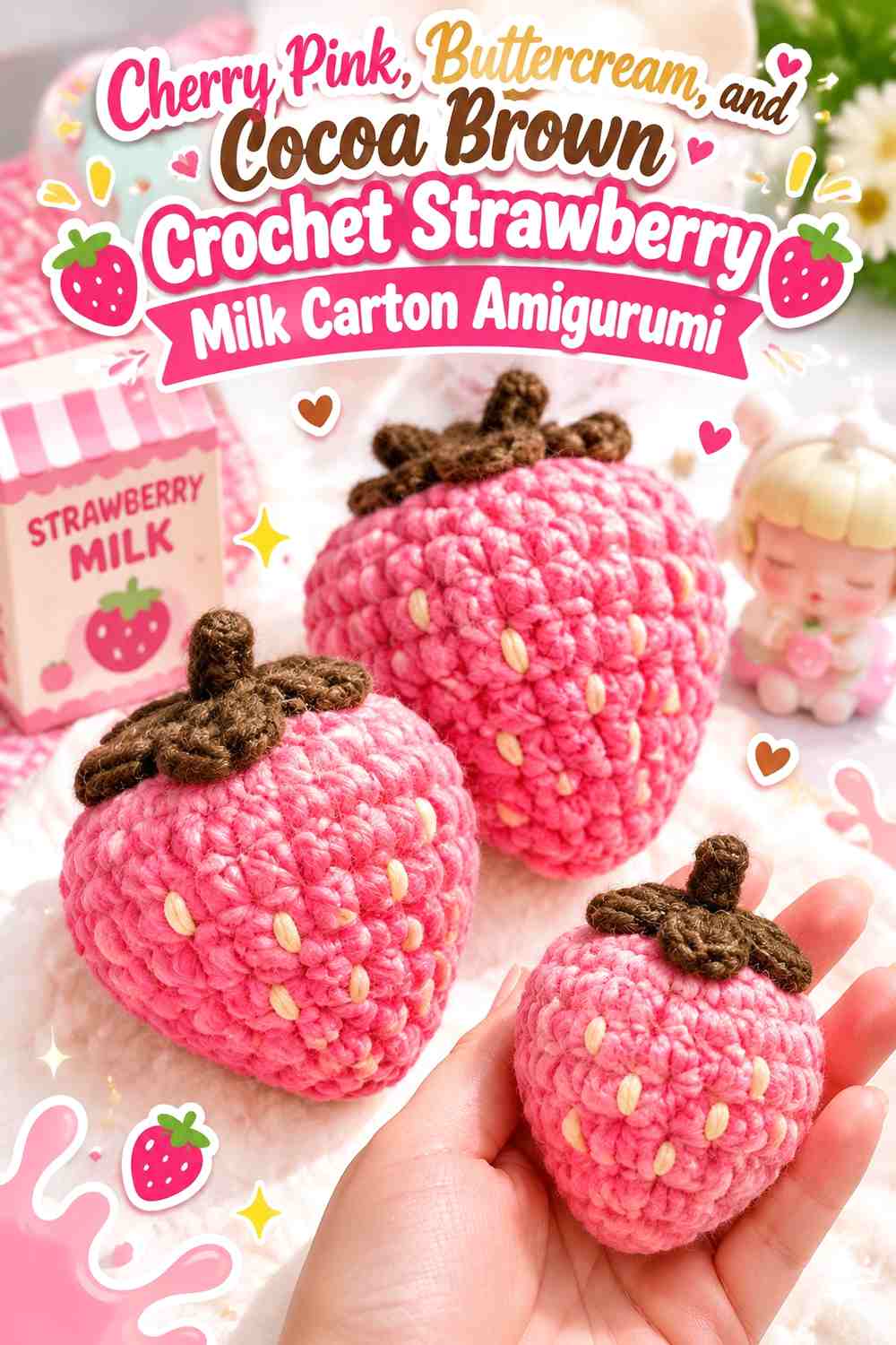 Cherry Pink, Buttercream, and Cocoa Brown Crochet Strawberry Milk Carton Amigurumi