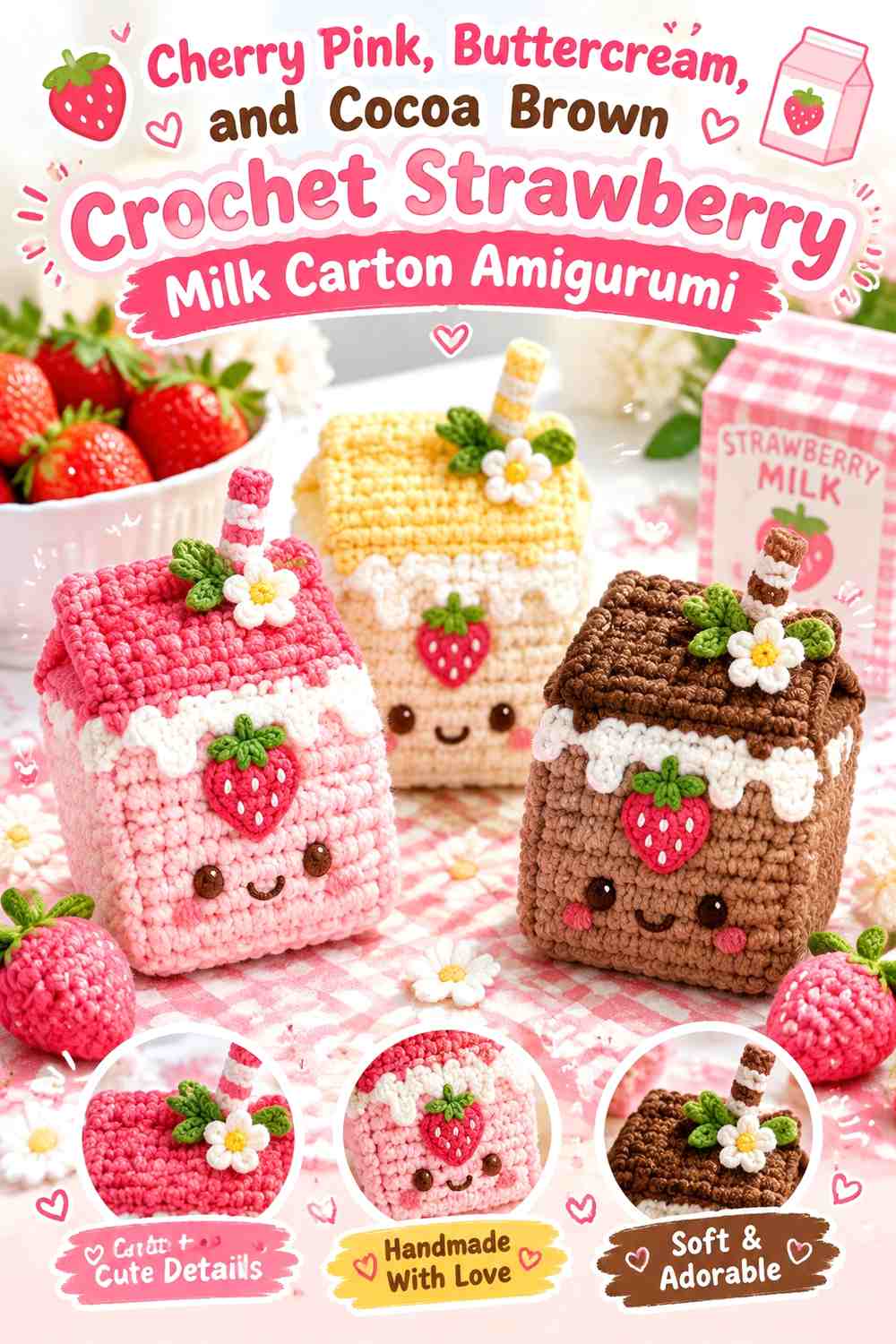 Cherry Pink, Buttercream, and Cocoa Brown Crochet Strawberry Milk Carton Amigurumi