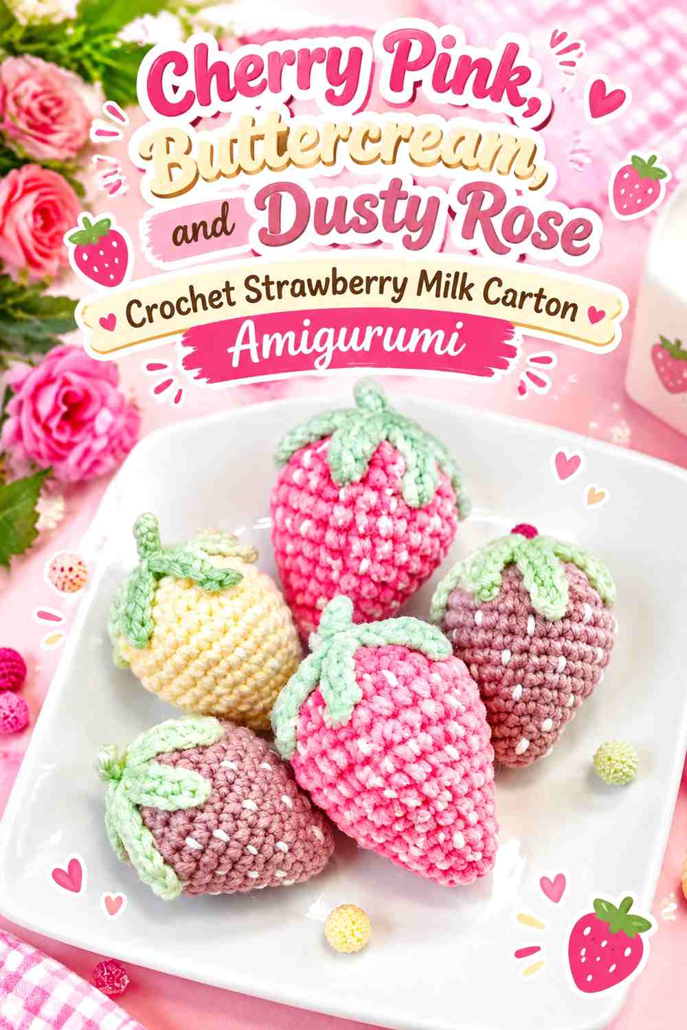 Cherry Pink, Buttercream, and Dusty Rose Crochet Strawberry Milk Carton Amigurumi