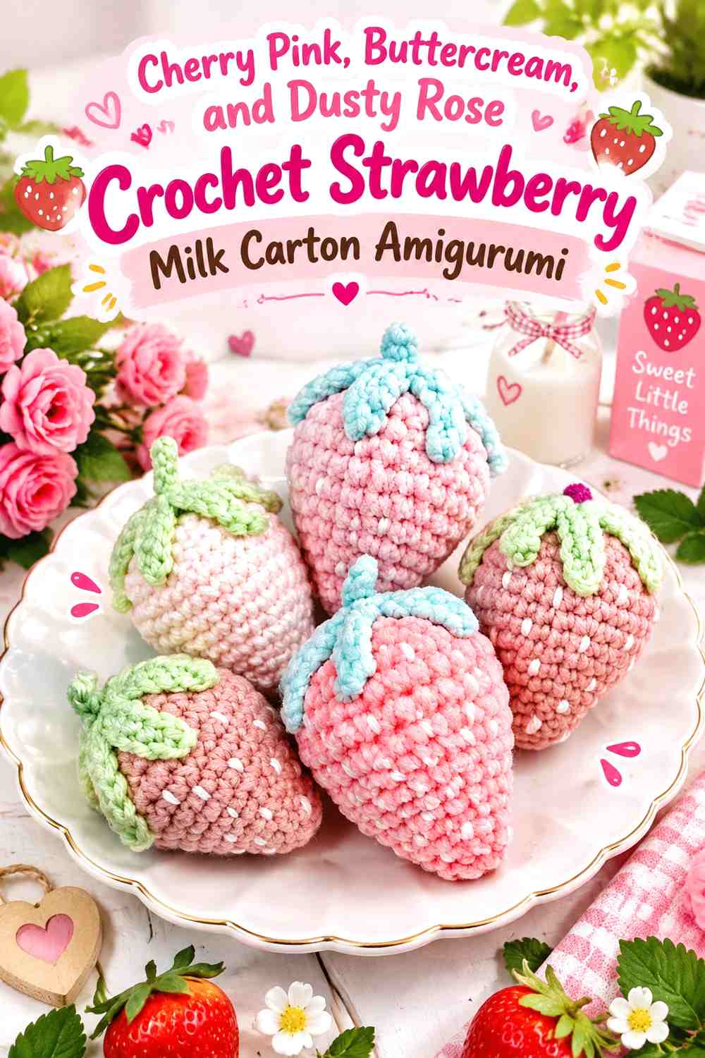 Cherry Pink, Buttercream, and Dusty Rose Crochet Strawberry Milk Carton Amigurumi