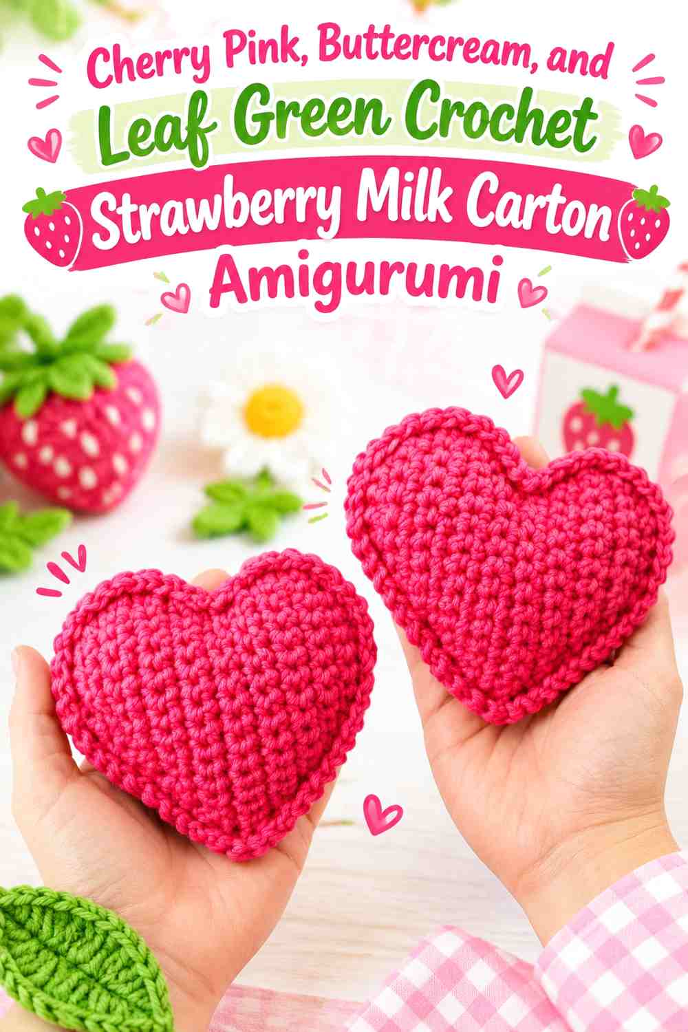 Cherry Pink, Buttercream, and Leaf Green Crochet Strawberry Milk Carton Amigurumi