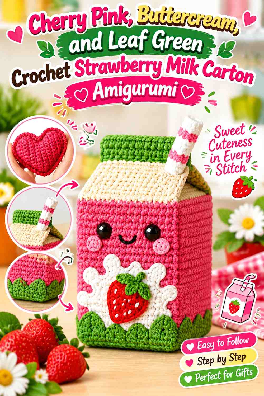 Cherry Pink, Buttercream, and Leaf Green Crochet Strawberry Milk Carton Amigurumi