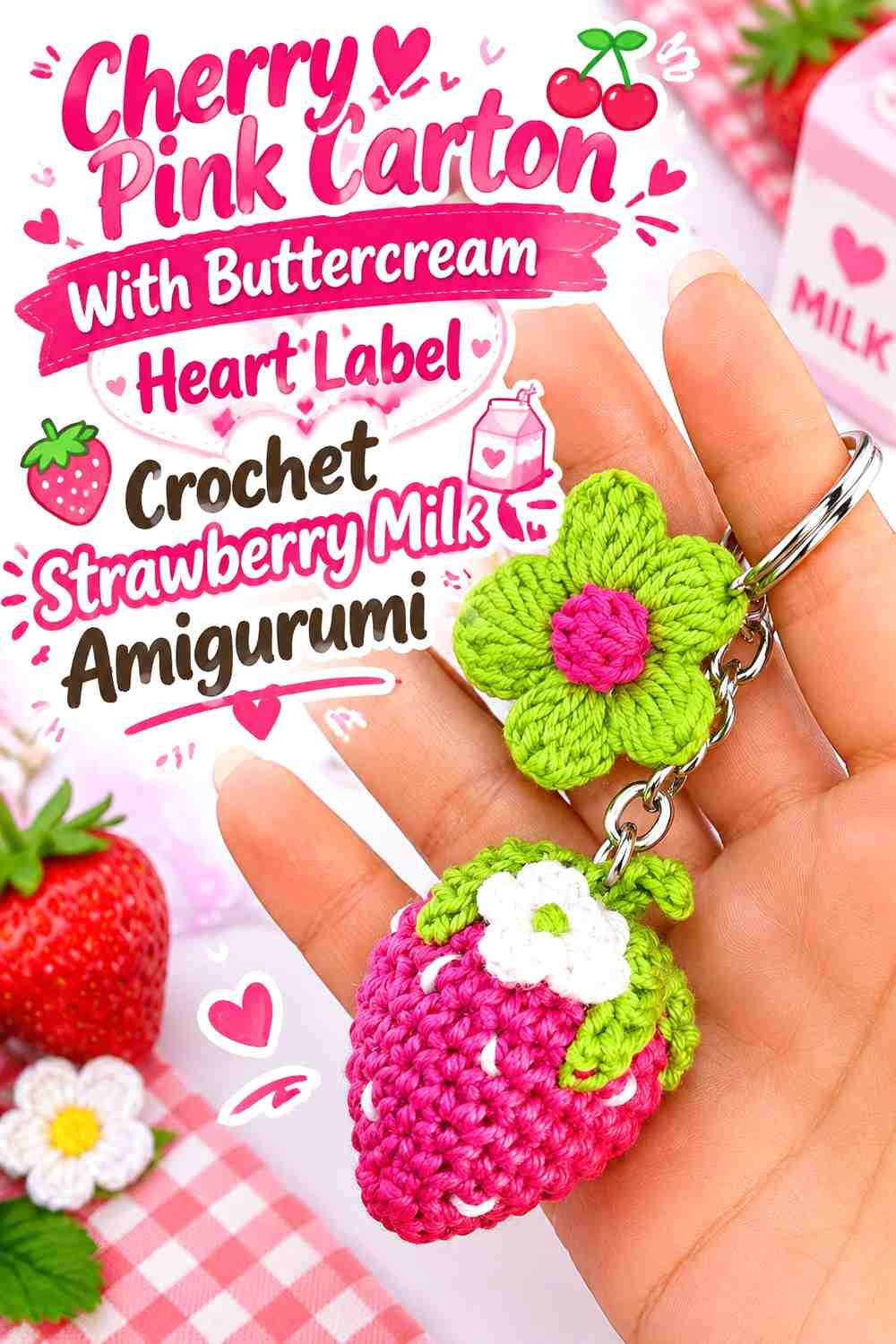 Cherry Pink Carton With Buttercream Heart Label Crochet Strawberry Milk Amigurumi