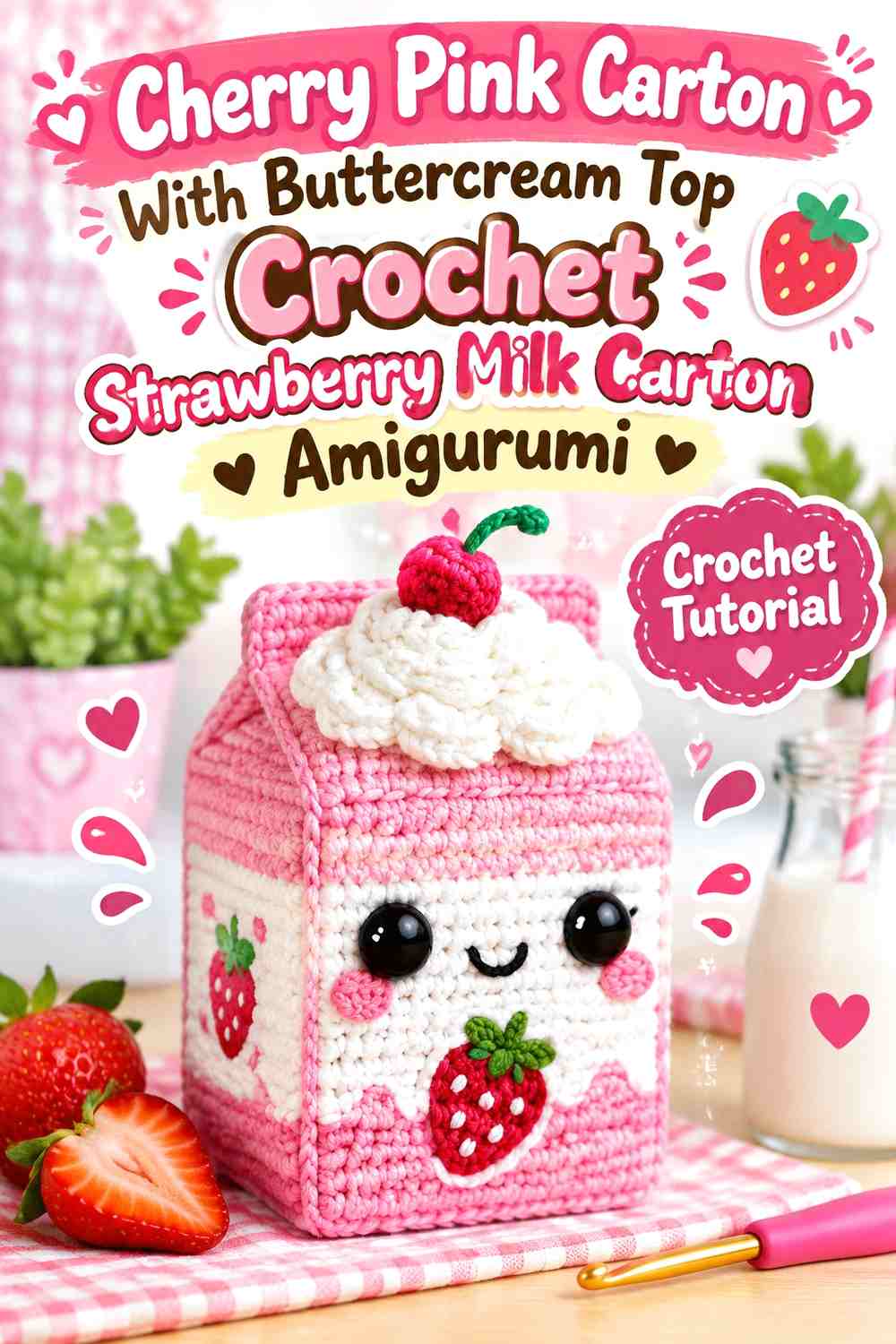 Cherry Pink Carton With Buttercream Top Crochet Strawberry Milk Carton Amigurumi