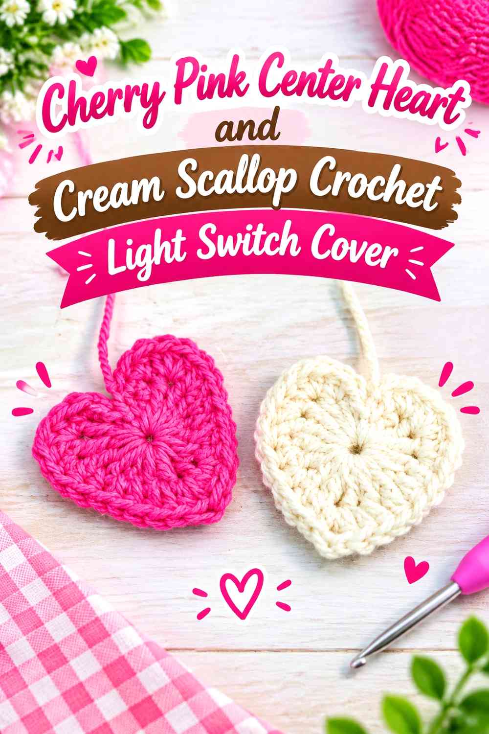 Cherry Pink Center Heart and Cream Scallop Crochet Light Switch Cover