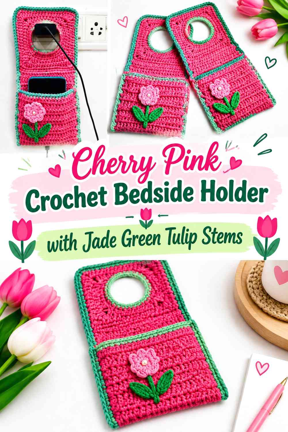 Cherry Pink Crochet Bedside Holder with Jade Green Tulip Stems