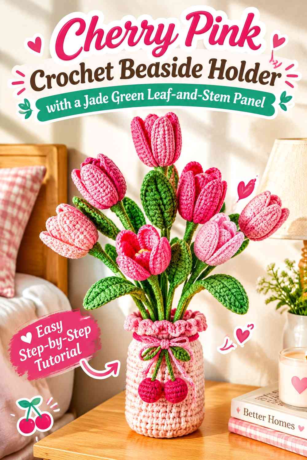 Cherry Pink Crochet Bedside Holder with a Jade Green Leaf-and-Stem Panel