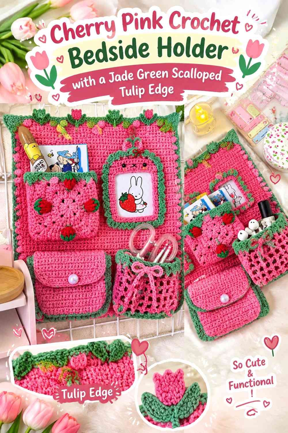 Cherry Pink Crochet Bedside Holder with a Jade Green Scalloped Tulip Edge