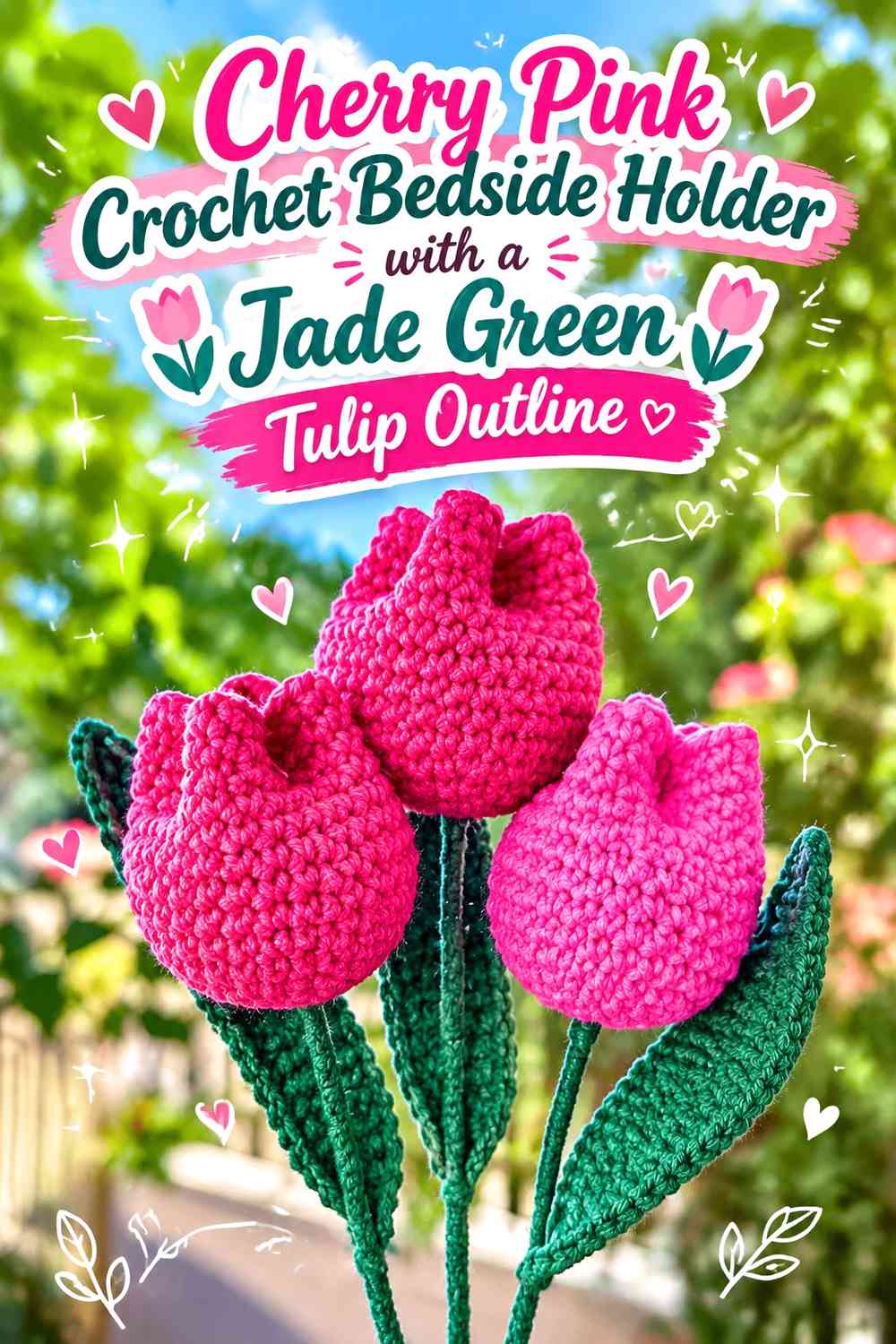 Cherry Pink Crochet Bedside Holder with a Jade Green Tulip Outline