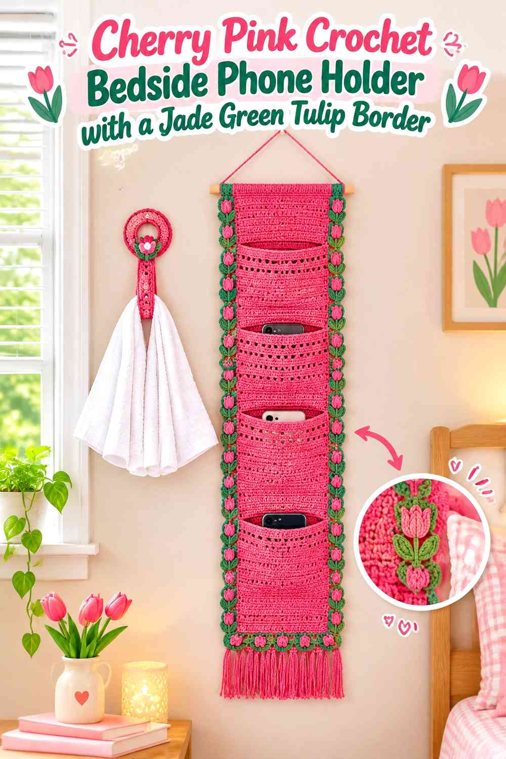 Cherry Pink Crochet Bedside Phone Holder with a Jade Green Tulip Border